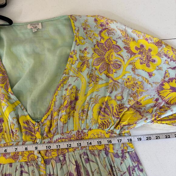 Hemant & Nandita Maxi Dress Women’s Size Medium Green Floral V-Neck Boho Style - Picture 14 of 15